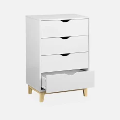 Commode blanche scandinave - Floki - chiffonnier avec pieds en bois de sapin. 4 tiroirs. 60x40x90cm