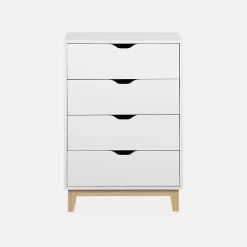 Commode blanche scandinave - Floki - chiffonnier avec pieds en bois de sapin. 4 tiroirs. 60x40x90cm