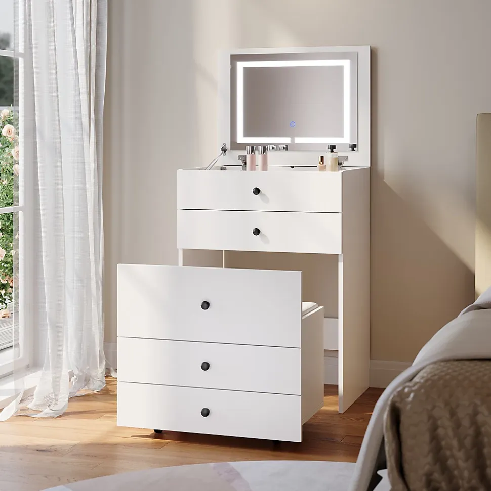 Commode Blanche SIRHONA L600xL450xH830mm Coiffeuse + Chaise + Miroir LED + Grand Rangement + Roulettes universelles