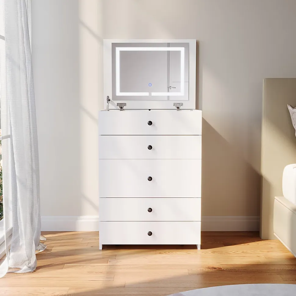 Commode Blanche SIRHONA L600xL450xH830mm Coiffeuse + Chaise + Miroir LED + Grand Rangement + Roulettes universelles
