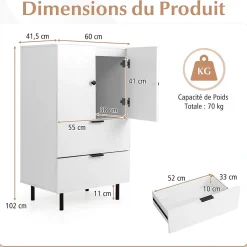 Commode Buffet, Armoire de Rangement avec 2 Tiroirs et Placard à Portes avec Pieds Métal Surélevés 60 x 41,5 x 102 CM (Marron)