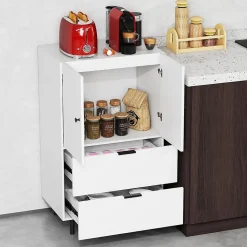 Commode Buffet, Armoire de Rangement avec 2 Tiroirs et Placard à Portes avec Pieds Métal Surélevés 60 x 41,5 x 102 CM (Marron)