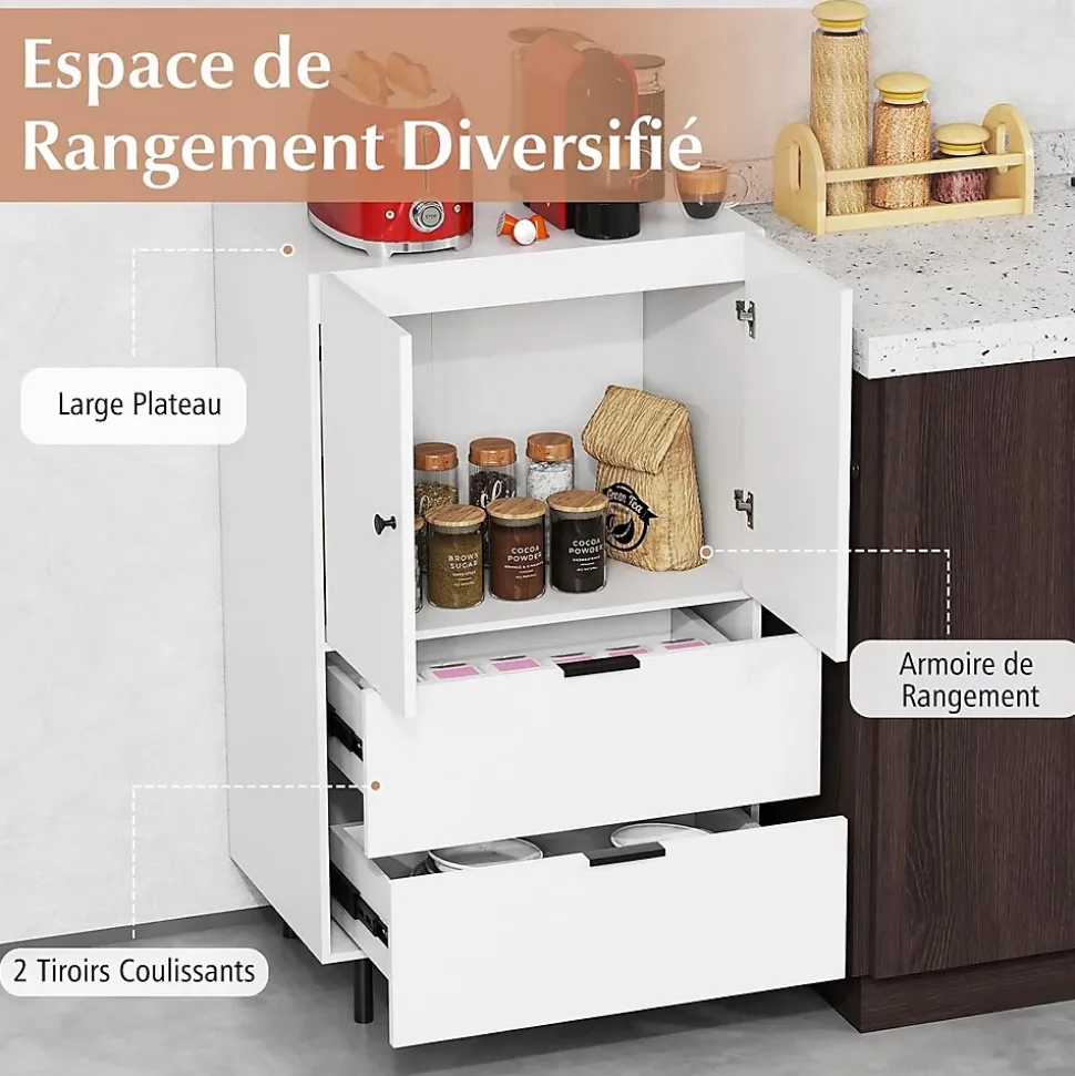 Commode Buffet, Armoire de Rangement avec 2 Tiroirs et Placard à Portes avec Pieds Métal Surélevés 60 x 41,5 x 102 CM (Marron)