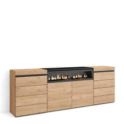 Commode buffet armoire 214x35x75cm feu led sans chaleur chêne