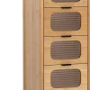 Commode Chambre à 4 Tiroirs, Tiroirs en Verre Trempé Cannelé et Poignées en Métal Noir, Commode en Bambou Naturel