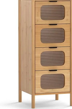 Commode Chambre à 4 Tiroirs, Tiroirs en Verre Trempé Cannelé et Poignées en Métal Noir, Commode en Bambou Naturel