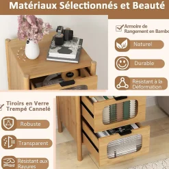 Commode Chambre à 4 Tiroirs, Tiroirs en Verre Trempé Cannelé et Poignées en Métal Noir, Commode en Bambou Naturel