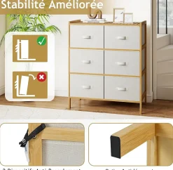Commode Chambre en Tissu à 3 Niveaux, 66 x 35 x 78,5CM, Commode avec 6 Tiroirs Pliables, avec Dessus en Bambou à Lattes