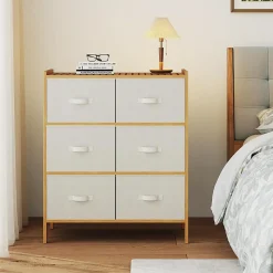 Commode Chambre en Tissu à 3 Niveaux, 66 x 35 x 78,5CM, Commode avec 6 Tiroirs Pliables, avec Dessus en Bambou à Lattes