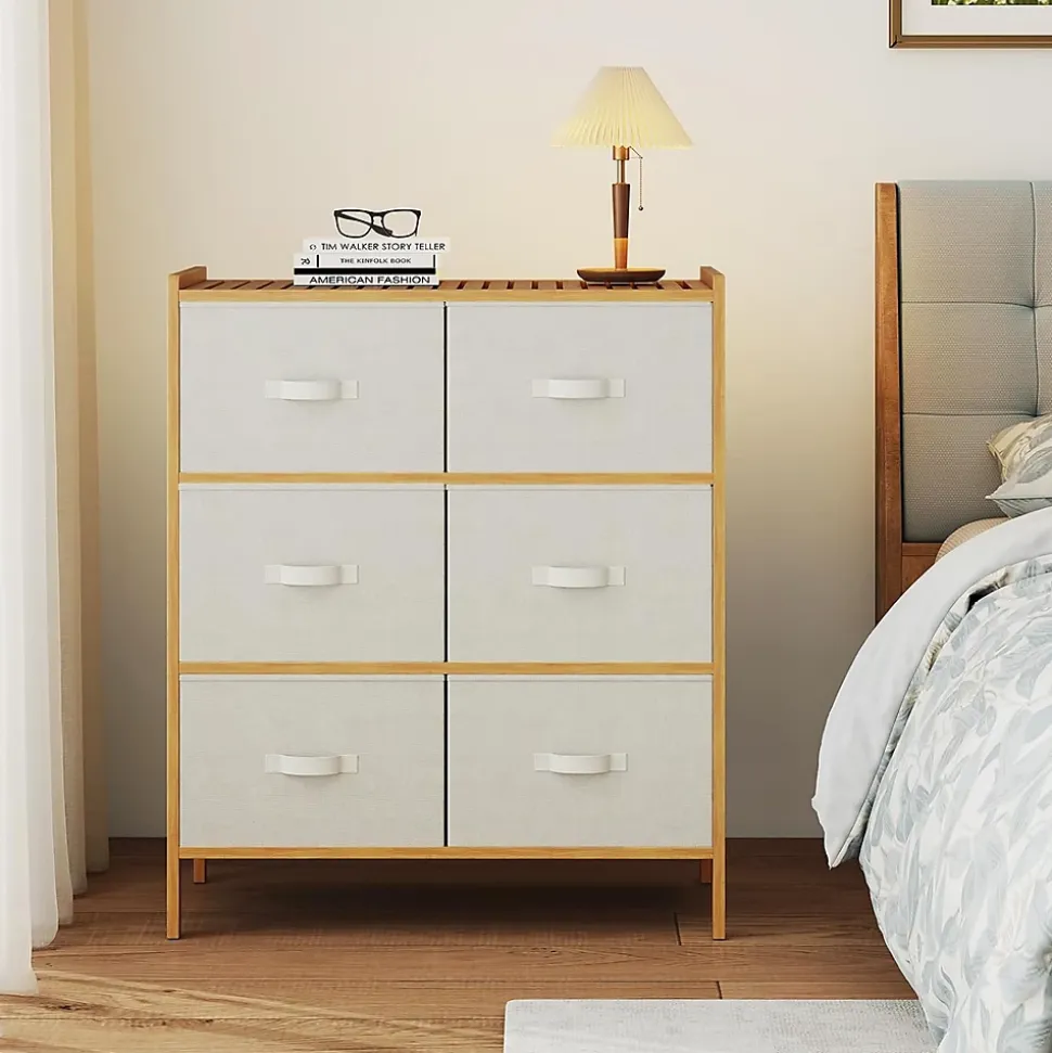 Commode Chambre en Tissu à 3 Niveaux, 66 x 35 x 78,5CM, Commode avec 6 Tiroirs Pliables, avec Dessus en Bambou à Lattes
