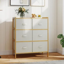 Commode Chambre en Tissu à 3 Niveaux, 66 x 35 x 78,5CM, Commode avec 6 Tiroirs Pliables, avec Dessus en Bambou à Lattes