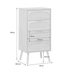 Commode chiffonnier effet bois et cannage 4 tiroirs naturel. poignée en métal doré - L 48 x P 39.5 x H 96 cm - Eva