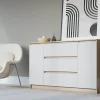 Commode, chêne sonoma, blanc mat, 120 x 39 x 78 cm, 2 portes, 3 tiroirs
