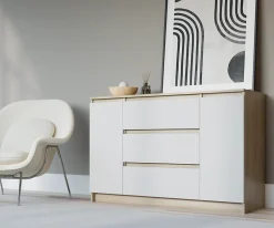Commode, chêne sonoma, blanc mat, 120 x 39 x 78 cm, 2 portes, 3 tiroirs