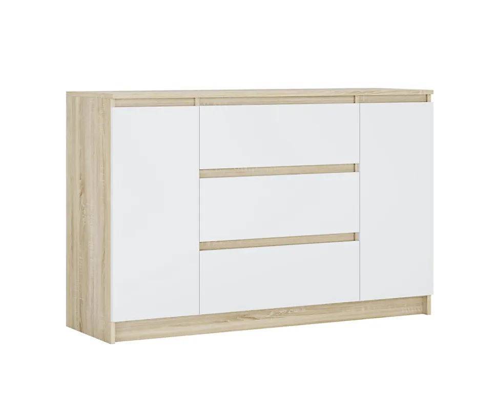 Commode, chêne sonoma, blanc mat, 120 x 39 x 78 cm, 2 portes, 3 tiroirs