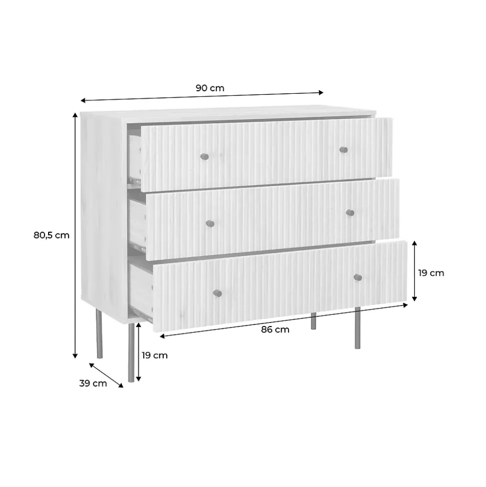 Commode contemporaine décor bois rainuré 3 tiroirs poignées métal noir