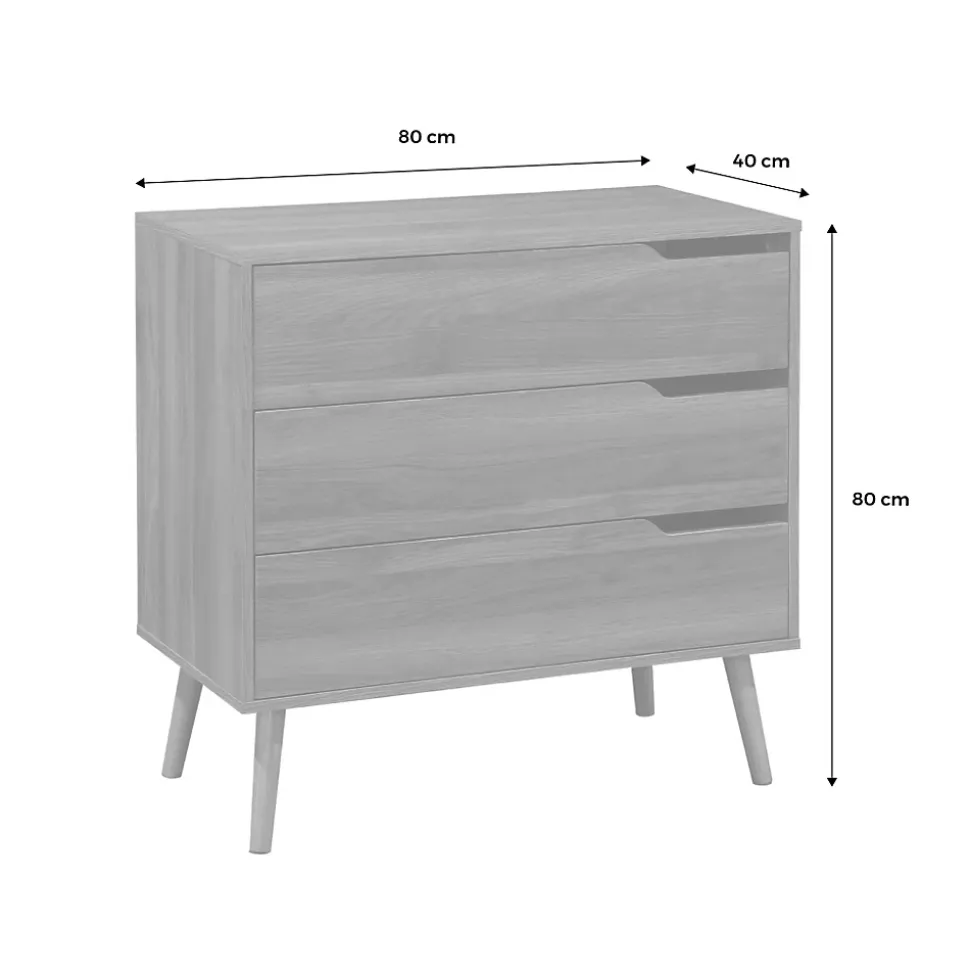Commode décor bois de noyer. 3 tiroirs. pieds en pin massif