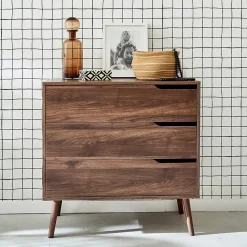 Commode décor bois de noyer. 3 tiroirs. pieds en pin massif