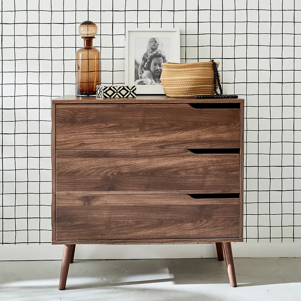 Commode décor bois de noyer. 3 tiroirs. pieds en pin massif