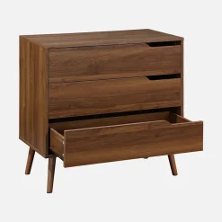 Commode décor bois de noyer. 3 tiroirs. pieds en pin massif