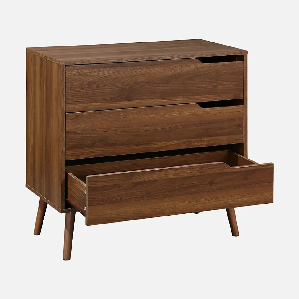 Commode décor bois de noyer. 3 tiroirs. pieds en pin massif