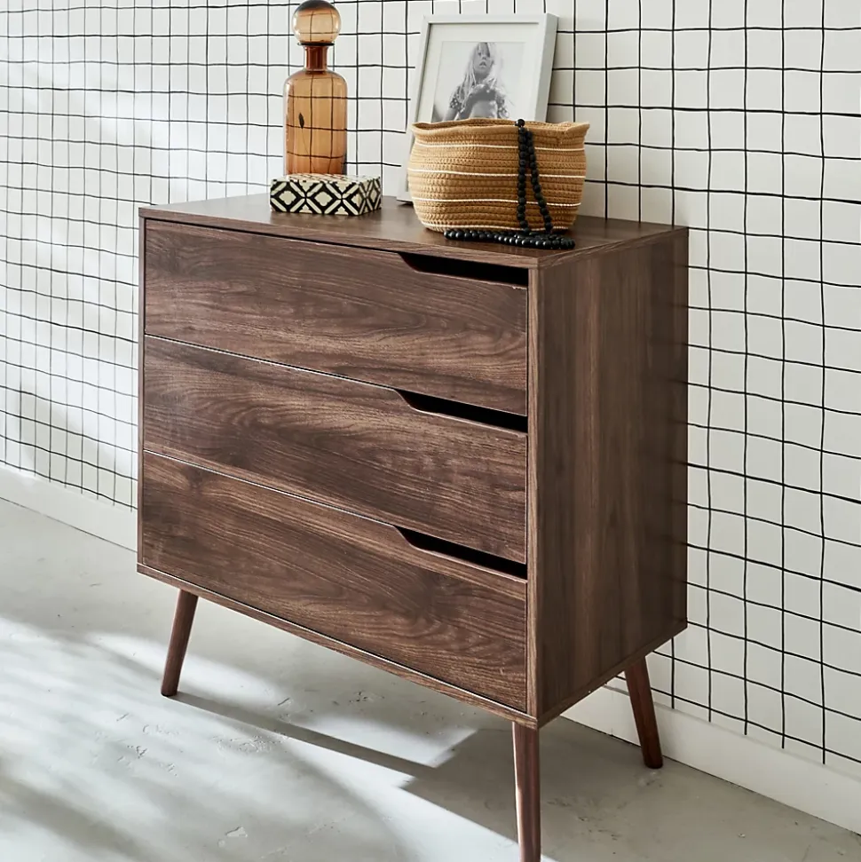 Commode décor bois de noyer. 3 tiroirs. pieds en pin massif