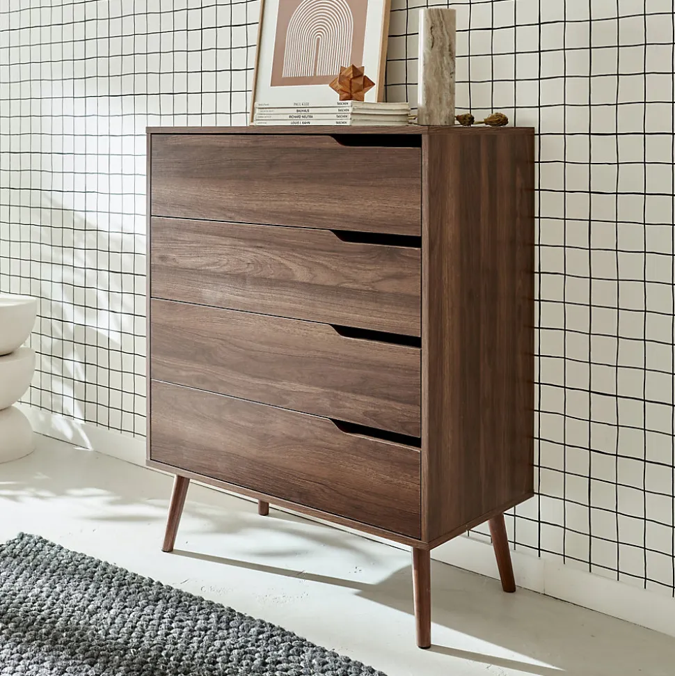 Commode décor bois de noyer. 4 tiroirs. pieds en pin massif