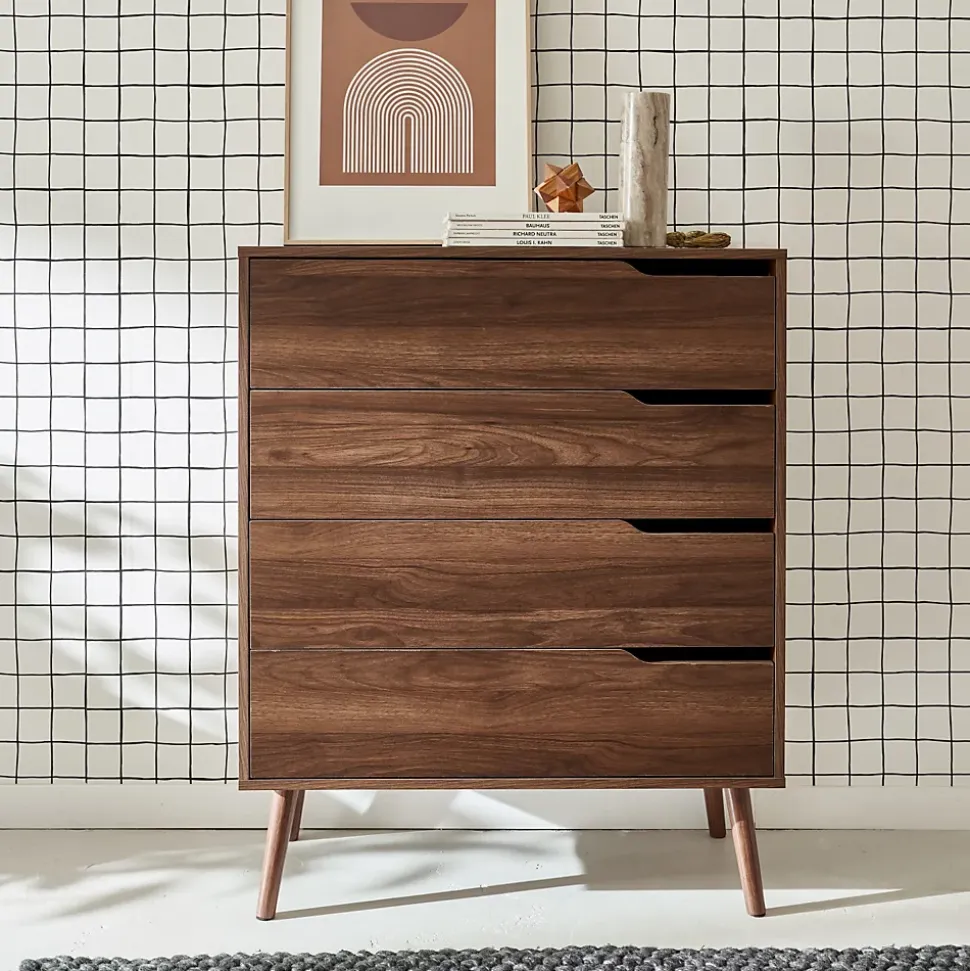 Commode décor bois de noyer. 4 tiroirs. pieds en pin massif
