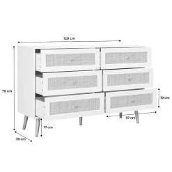 Commode décor bois et cannage 6 tiroirs Bohème. blanc - 120x39x79cm