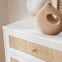 Commode décor bois et cannage 6 tiroirs Bohème. blanc - 120x39x79cm