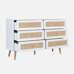 Commode décor bois et cannage 6 tiroirs Bohème. blanc - 120x39x79cm