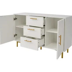 Commode décorée de rayures verticales - 3 tiroirs et 2 portes avec étagères réglables - Blanc