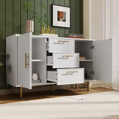 Commode décorée de rayures verticales - 3 tiroirs et 2 portes avec étagères réglables - Blanc
