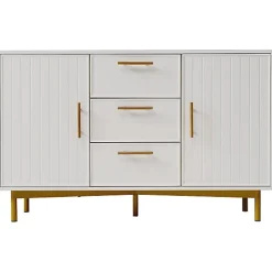 Commode décorée de rayures verticales - 3 tiroirs et 2 portes avec étagères réglables - Blanc