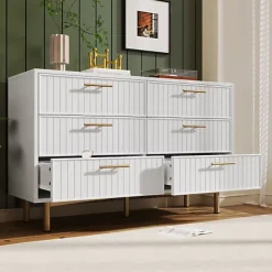 Commode décorée de rayures verticales - 6 tiroirs - Blanc