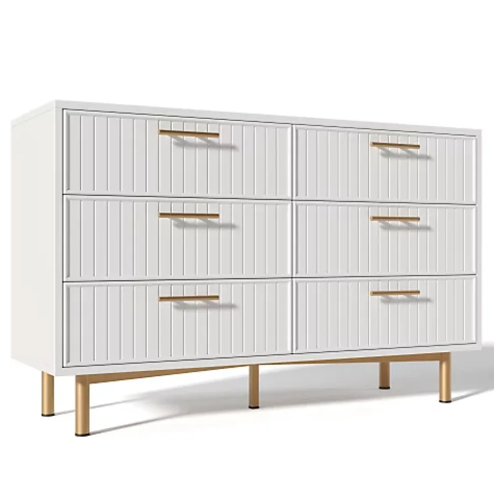 Commode décorée de rayures verticales - 6 tiroirs - Blanc