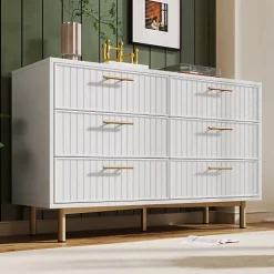 Commode décorée de rayures verticales - 6 tiroirs - Blanc