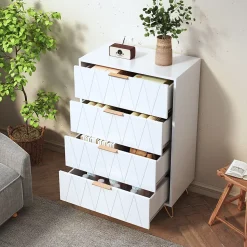 Commode De Chambre, 4 Tiroirs, Meuble De Rangement Avec Poignées Et Pieds Dorés, Blanc