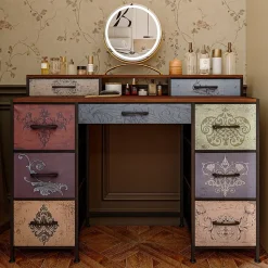 Commode de maquillage, 2 étagères, tiroirs grande capacité, plateau bois, pieds réglables, poignées élégantes, sécurisée