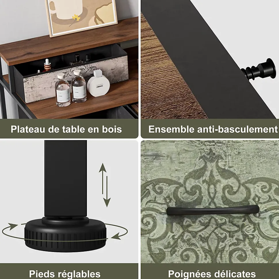 Commode de maquillage, 2 étagères, tiroirs grande capacité, plateau bois, pieds réglables, poignées élégantes, sécurisée