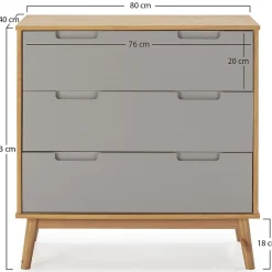 Commode de nuit Bruce avec 3 tiroirs, bois massif, 80 cm Largeur
