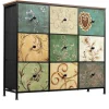 Commode de rangement 100 cm - avec 9 tiroirs de rangement et poignées noires, motif Vintage - Vert