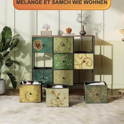 Commode de rangement 100 cm - avec 9 tiroirs de rangement et poignées noires, motif Vintage - Vert