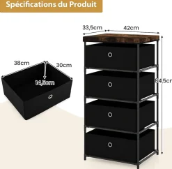 Commode de Rangement 4 Tiroirs Meuble de Rangement avec Tiroirs en Tissu Cadre Métallique Robuste Tiroirs Amovibles Noir