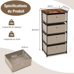 Commode de Rangement 4 Tiroirs Meuble de Rangement avec Tiroirs en Tissu Cadre Métallique Robuste