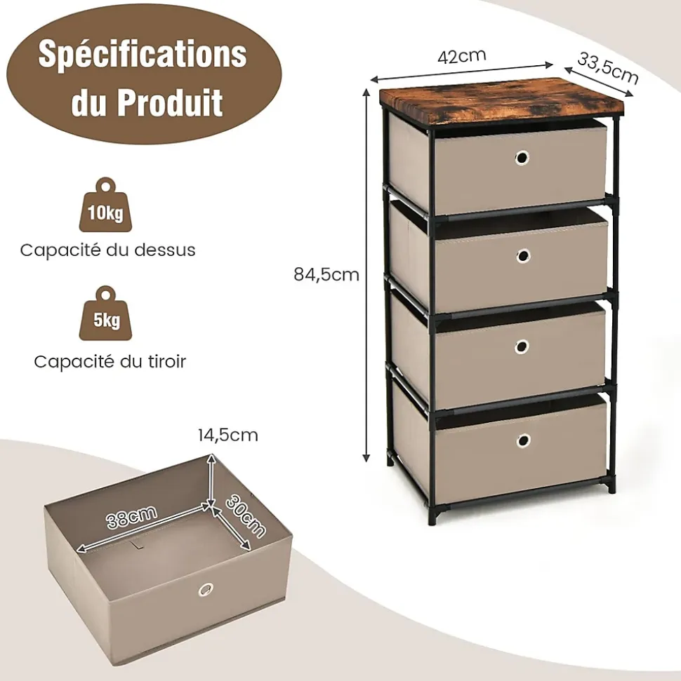 Commode de Rangement 4 Tiroirs Meuble de Rangement avec Tiroirs en Tissu Cadre Métallique Robuste