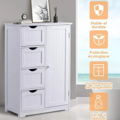 Commode de Rangement avec 4 Tiroirs et Porte Magnetique Etagere Hauteur Reglable Blanc 55 X 30 X 81CM