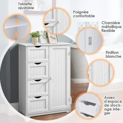 Commode de Rangement avec 4 Tiroirs et Porte Magnetique Etagere Hauteur Reglable Blanc 55 X 30 X 81CM