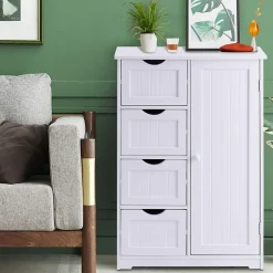 Commode de Rangement avec 4 Tiroirs et Porte Magnetique Etagere Hauteur Reglable Blanc 55 X 30 X 81CM