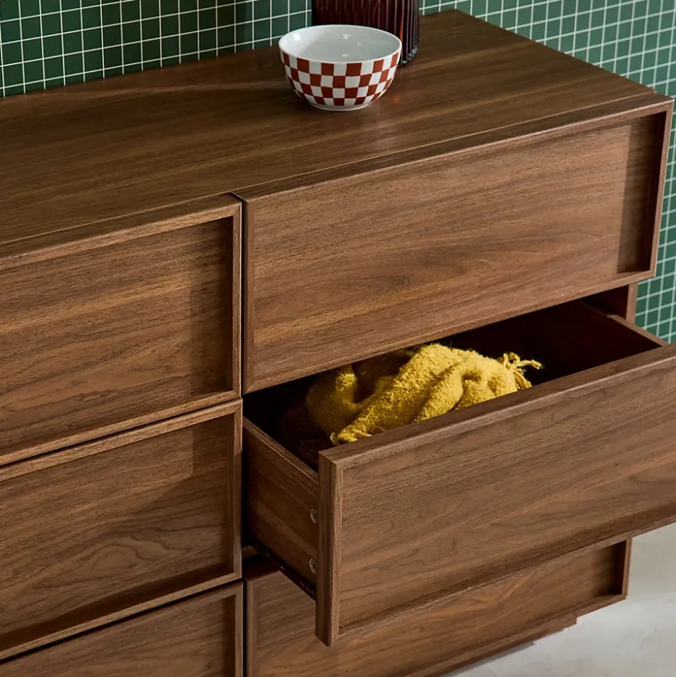 Commode de rangement effet bois 6 tiroirs noyer L 120 x P 43 x H 75cm - Kuba